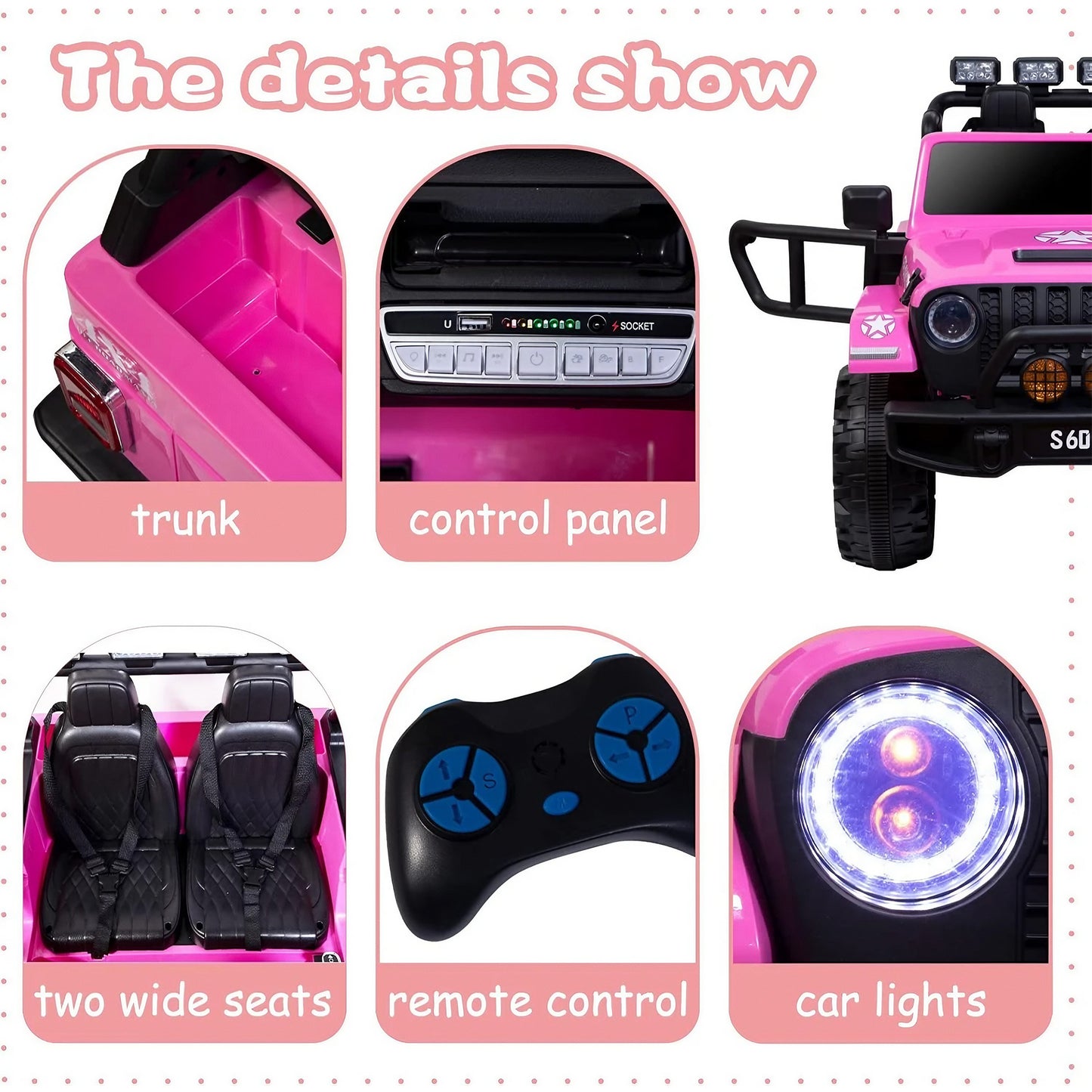 Monster Jeep Truck S609 24V 4x4 Two Seater Electric Kids Ride On Off Road Leather Seat Rubber Wheel Pink (Pre-Order)