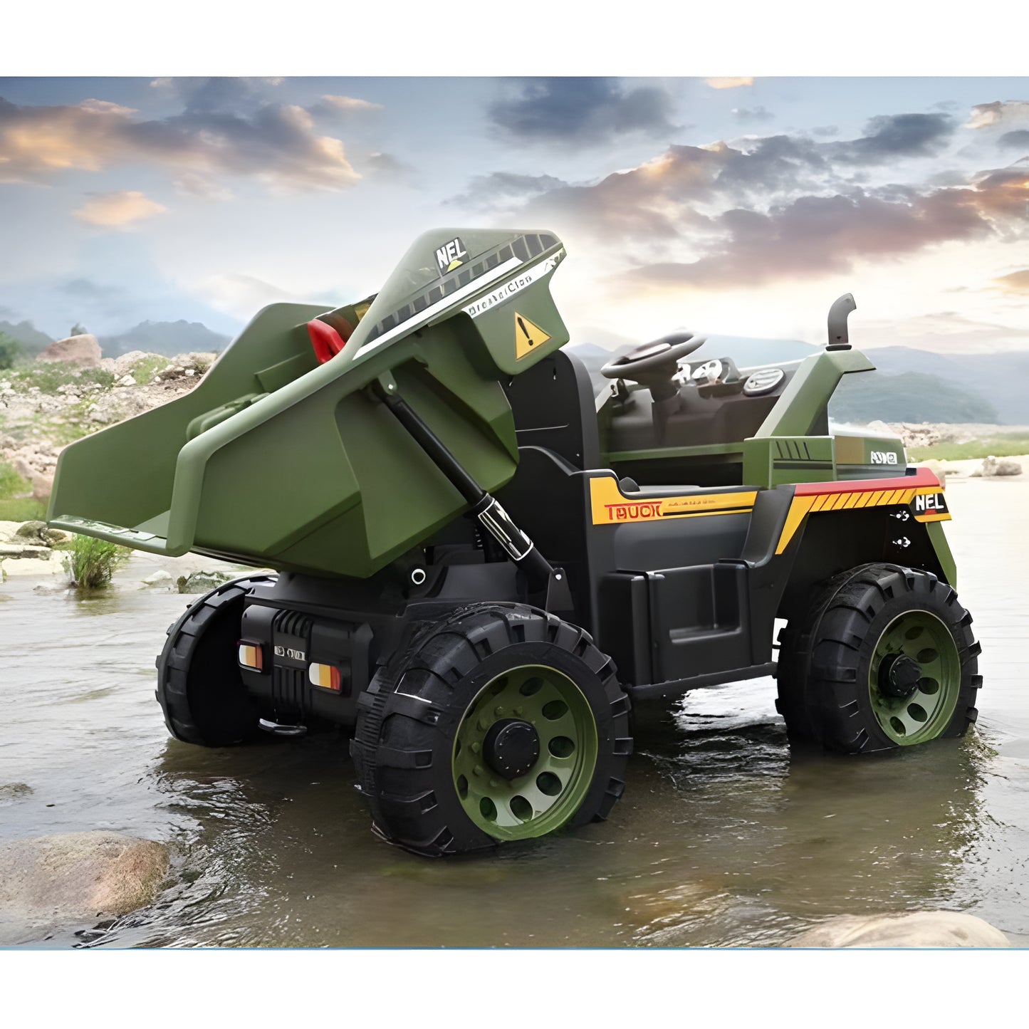 Camoflage Dump Truck A797 12V Two Seater 4×4 Off-Road Ride On Car Leather Seat Rubber Wheel