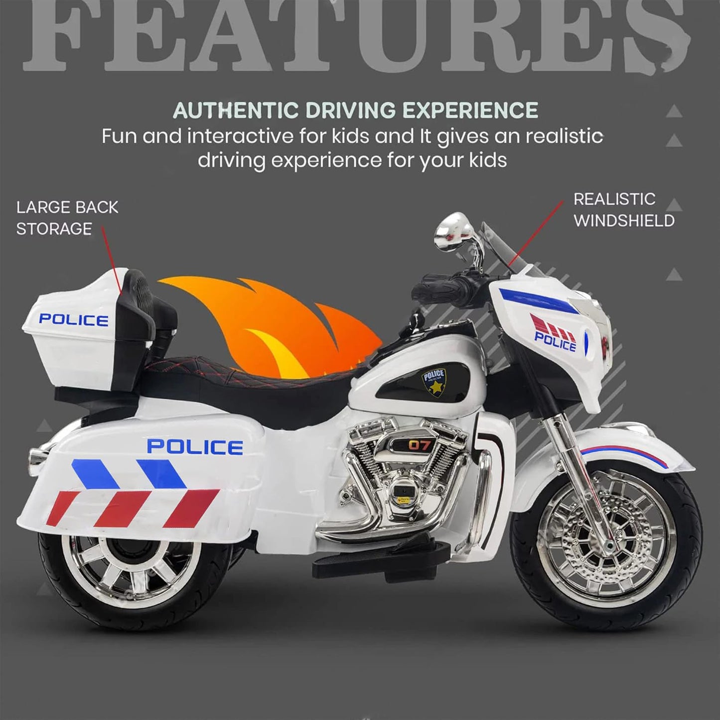 2025 NEL R1800 12V 3 Wheel Electric Kids Ride On  Police Motorcycle White