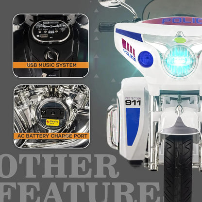 2025 NEL R1800 12V 3 Wheel Electric Kids Ride On  Police Motorcycle White