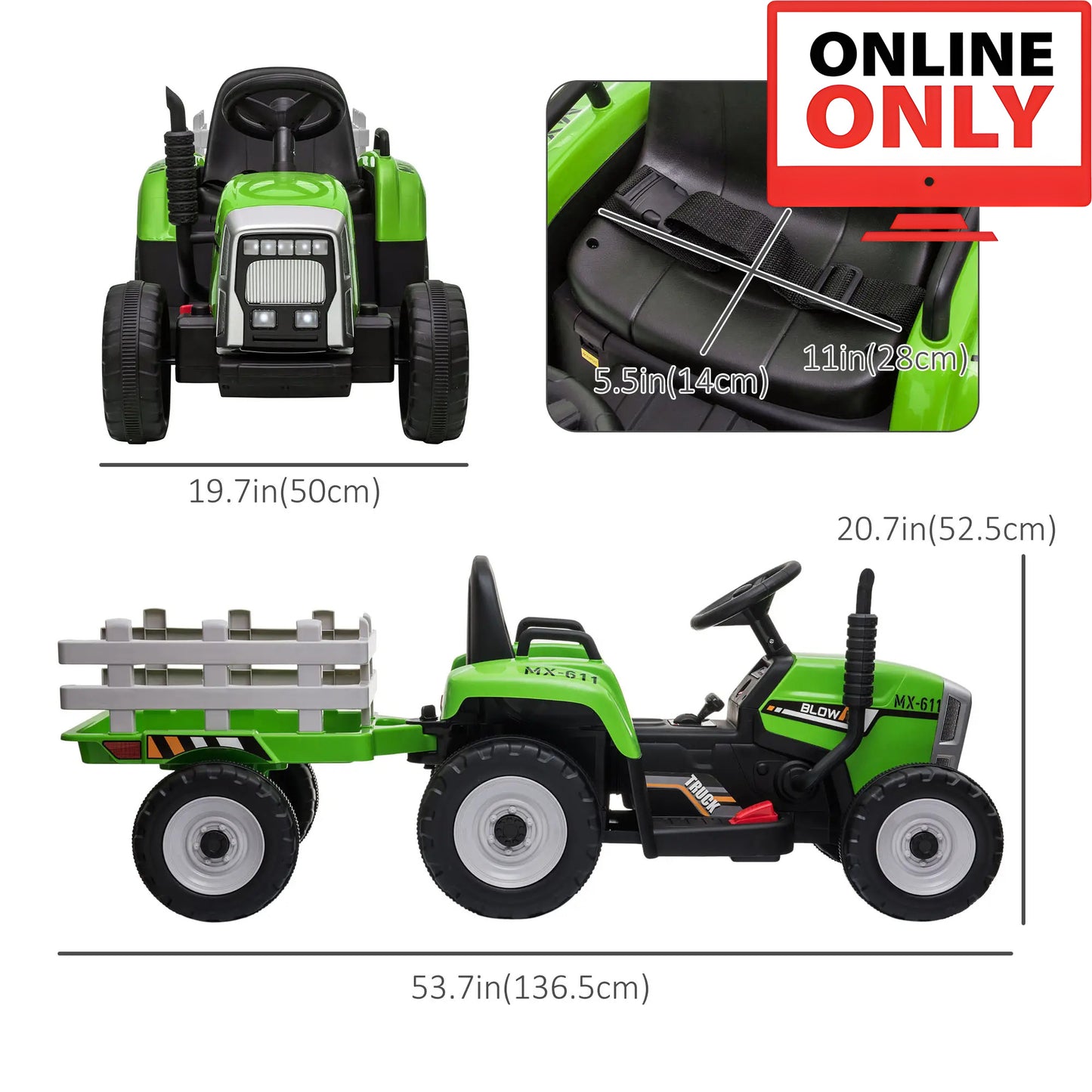 12V ZB281V80 Kids Ride on Tractor with Trailer Age 1-4 (Online Order Only)
