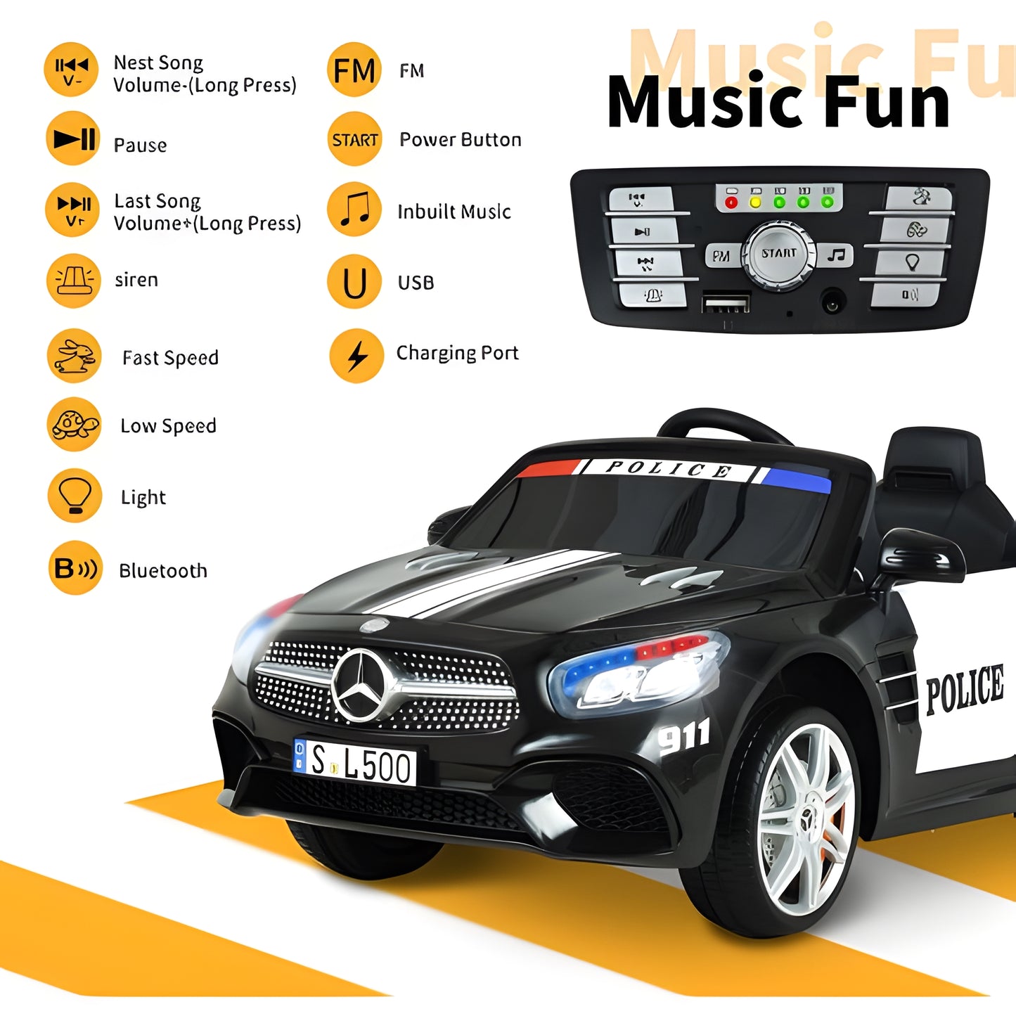 Licensed Mercedes-Benz SL500 UENJOY S301 12V Kids Ride On Police Car